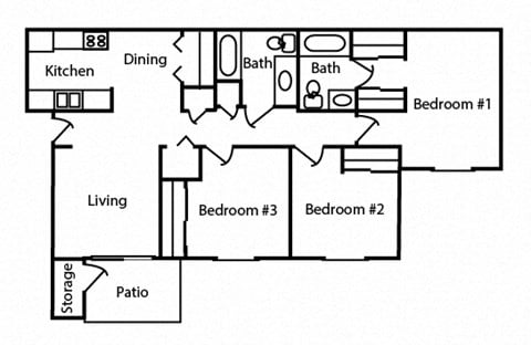 Floor plan for 3 beds, 2 baths, 1070 sqft